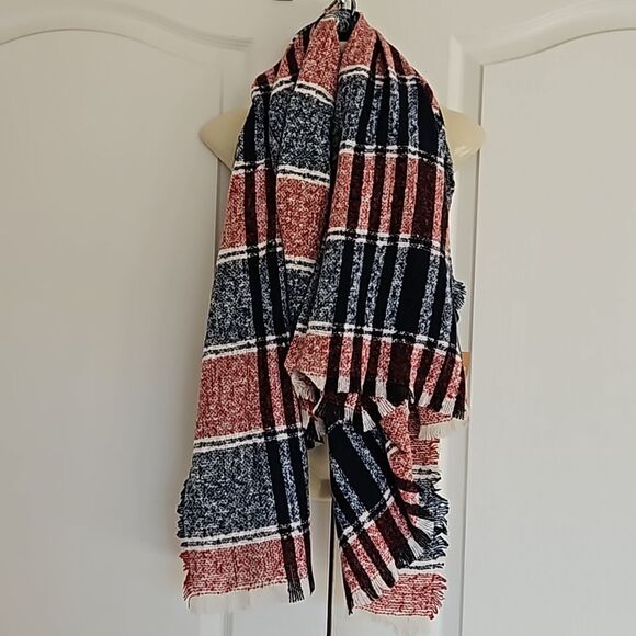 Just Cozy Blanket Fringed Scarf Red & Blue - Picture 1 of 16